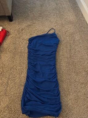 Lucy in the Sky Royal Blue Ruched One-Shoulder Dress